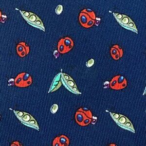 FUN HIP HERMES TIE ~ DARKER NAVY BLUE w/ WHIMSICAL LADY BUGS & PEA PODS